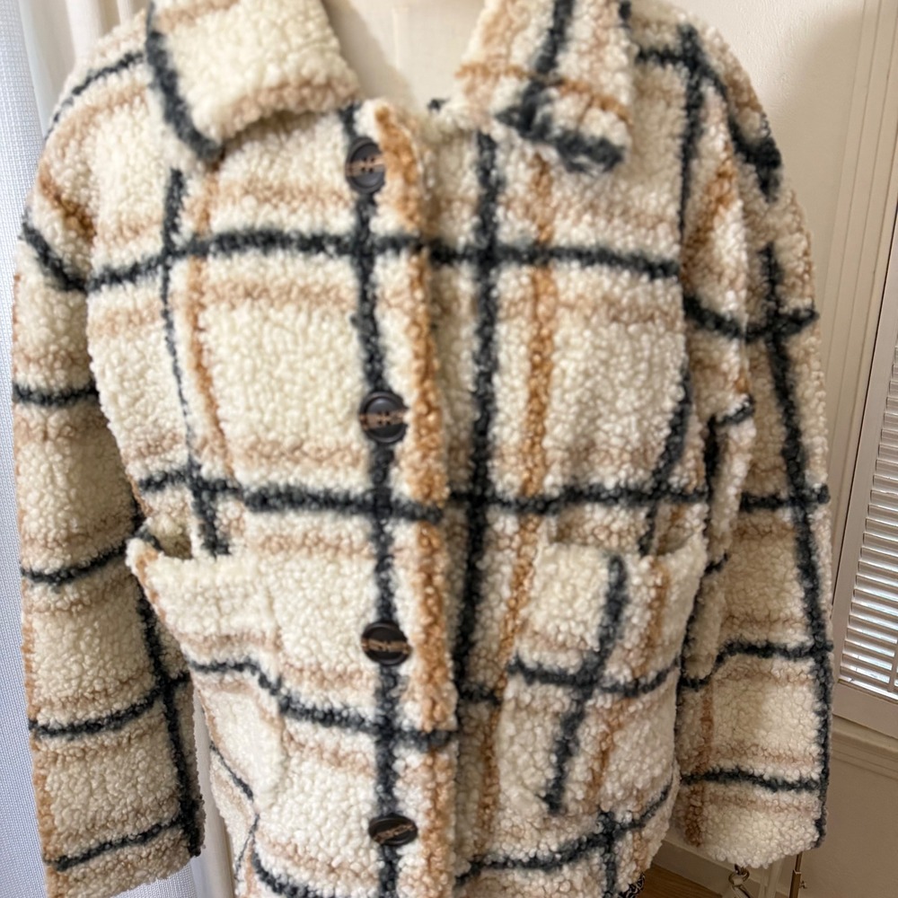 Stoosh Women Sherpa Fleece Plaid Button Front Jacket Cream Tan Black Small‎ - Picture 2 of 5
